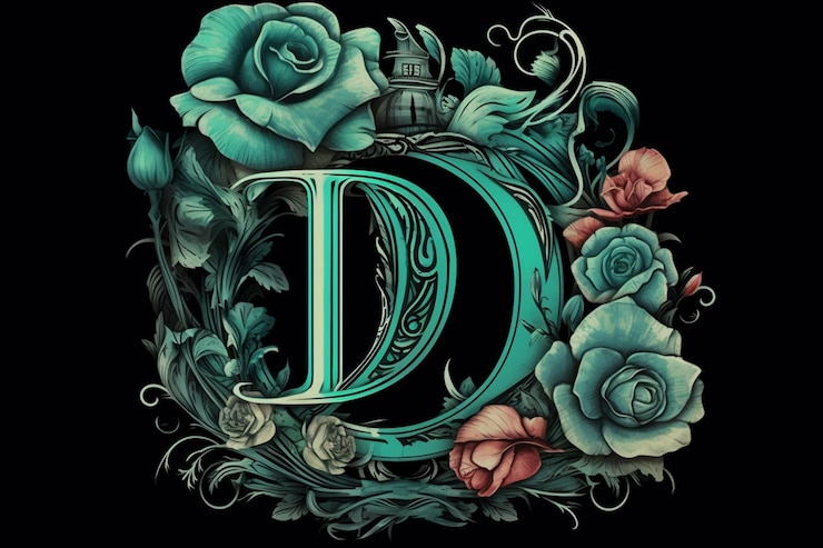 Foto logotipo de estilo de tatuaje con la letra d rosas filigrana verde azulado y plata
