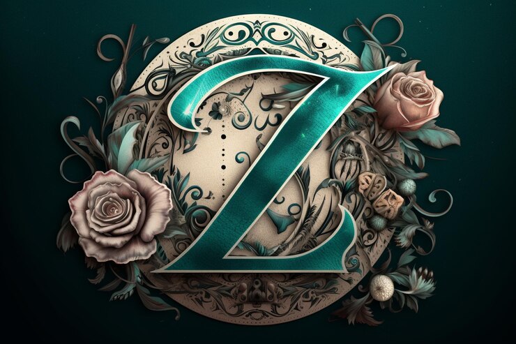Foto logotipo de estilo de tatuaje con la letra z rosas filigrana verde azulado y plata