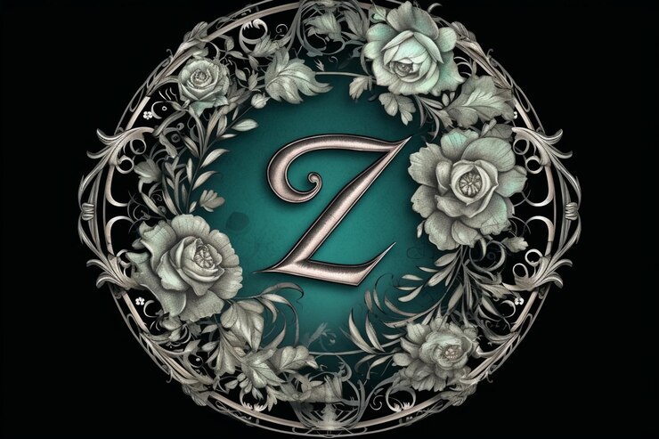Foto logotipo de estilo de tatuaje con la letra z rosas filigrana verde azulado y plata