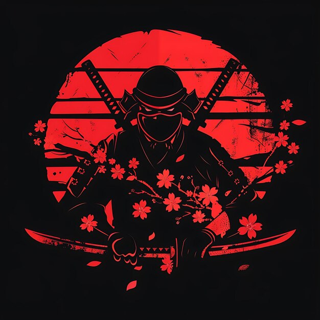 El logotipo del feroz guerrero samurai con espadas y flores de cerezo T-shirt con tinta de tatuaje CNC simple