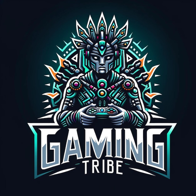 Foto un logotipo de gaming tribe con un personaje estilizado sosteniendo un joystick