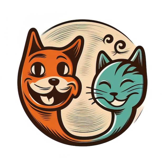 Foto el logotipo del gato y el perro felices en estilo de dibujos animados