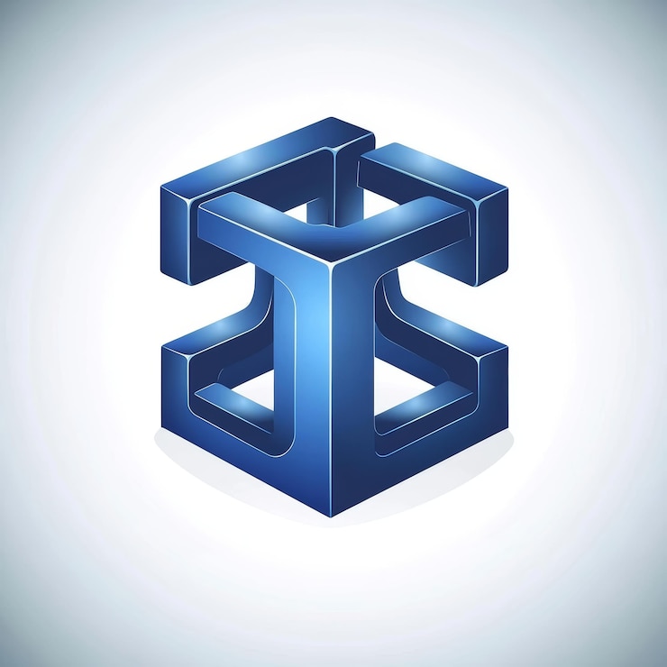 Foto logotipo geométrico 3d metálico azul sobre fondo blanco