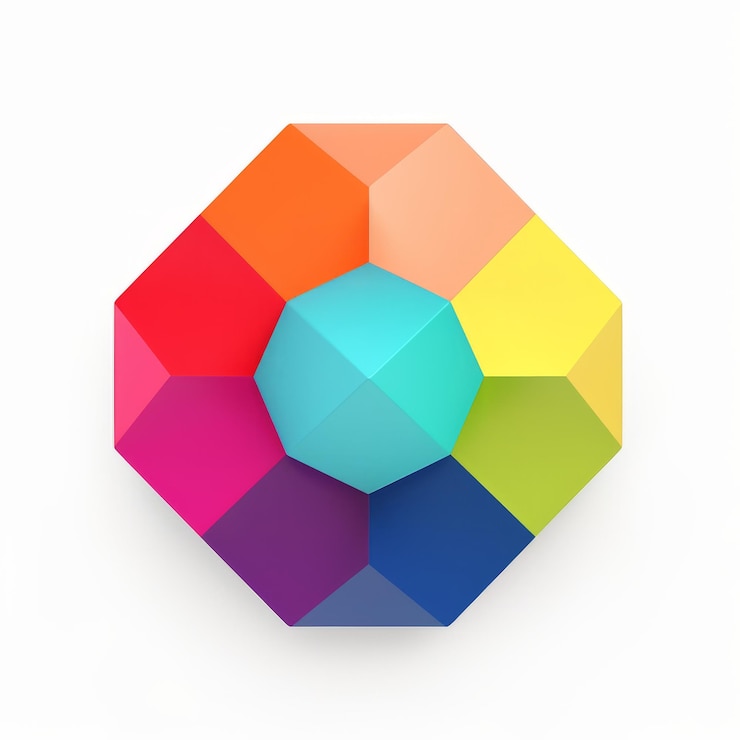 Foto logotipo geométrico colorido septágono preciso sobre fondo blanco
