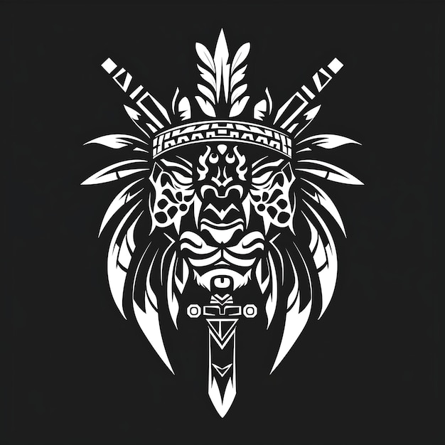 Logotipo de glifo del guerrero jaguar azteca con cuchillas de obsidiana y tinta de t-shirt de hadas Contorno de diseño CNC