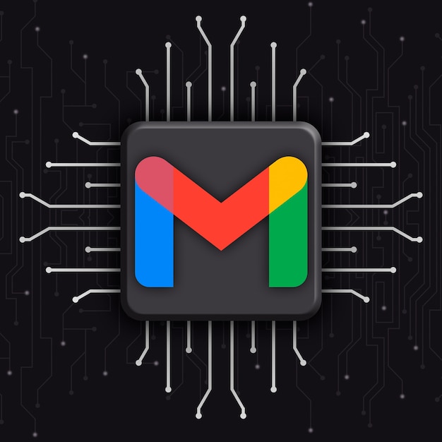 Logotipo de Gmail sobre fondo de tecnología cpu realista 3d