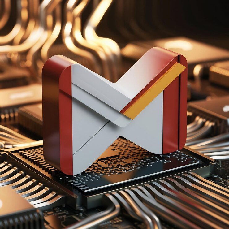 Foto logotipo de gmail sobre fondo de tecnología cpu realista 3d