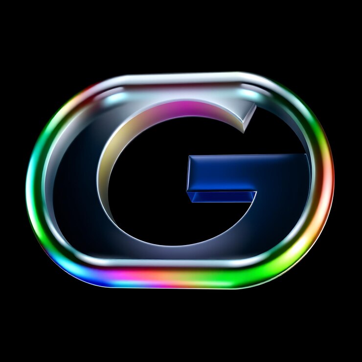 Foto logotipo de google con renderizado en 3d material de vidrio borroso esquema multicolor de brillo suave aislado en la parte trasera negra