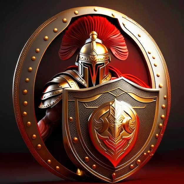 Foto logotipo del guerrero con escudo y casco con detalles dorados ia generativa