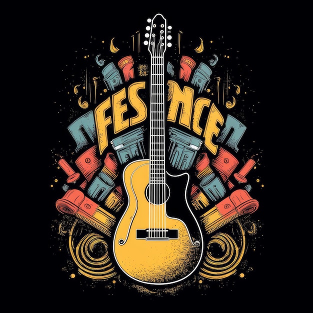 Foto logotipo de guitarra del festival de música sobre fondo negro generativo ai