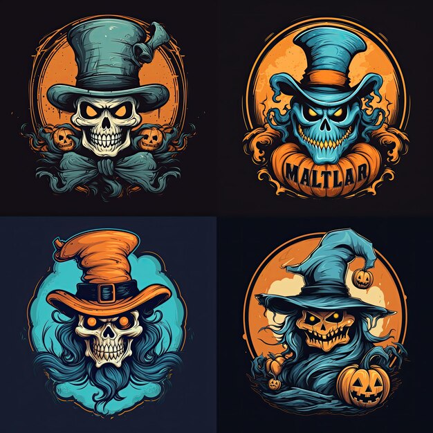 El logotipo de Halloween con personajes vintage de colores naranja y azul claro