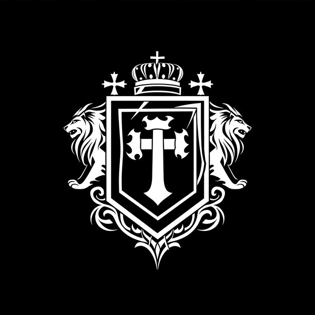 El logotipo heráldico del caballero cruzado con cruz y león para la decoración de la camiseta de tatuaje Contorno de tinta de diseño CNC