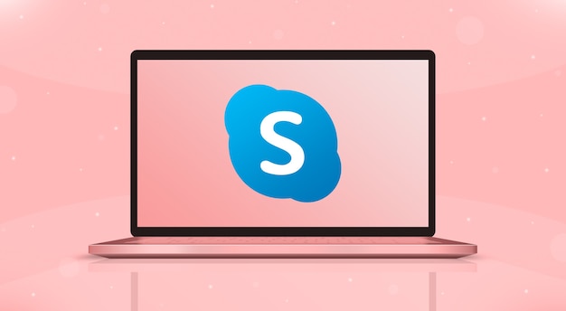 Foto logotipo de los iconos de skype en la pantalla del portátil vista frontal 3d