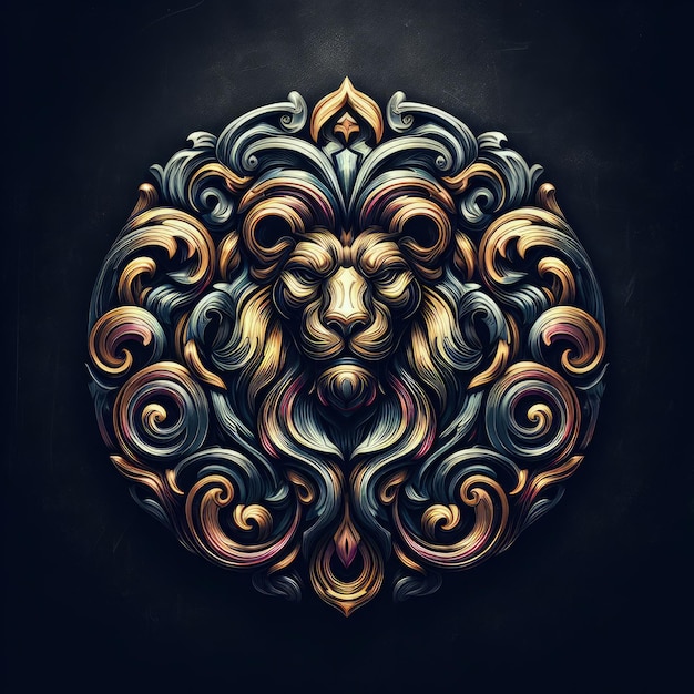 Logotipo de león 3D tallado y grabado en fondo oscuro