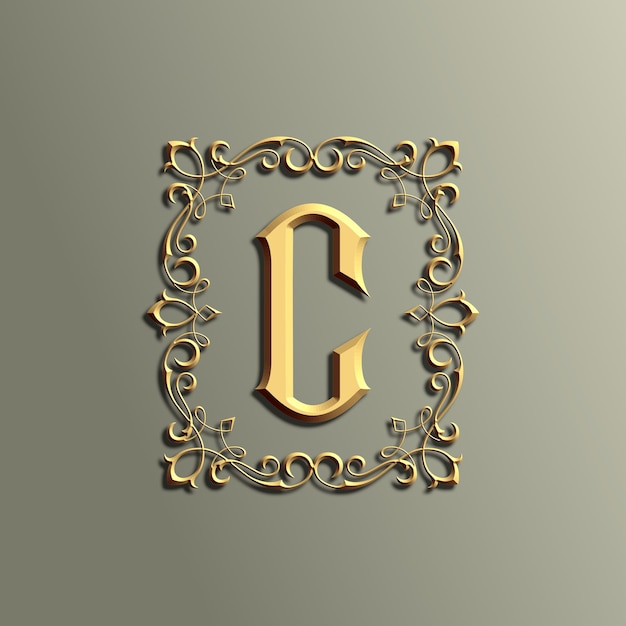 logotipo de letra C vintage 3d de lujo con adorno