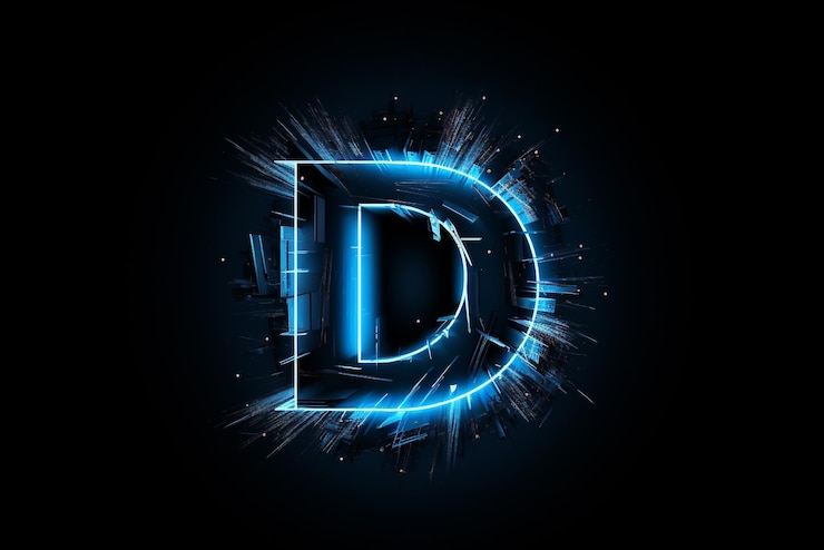 Foto logotipo de la letra d azul neón sobre un fondo negro ia generativa