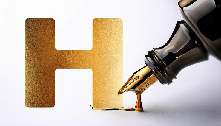 Foto el logotipo de la letra h dorada de la botella con tinta