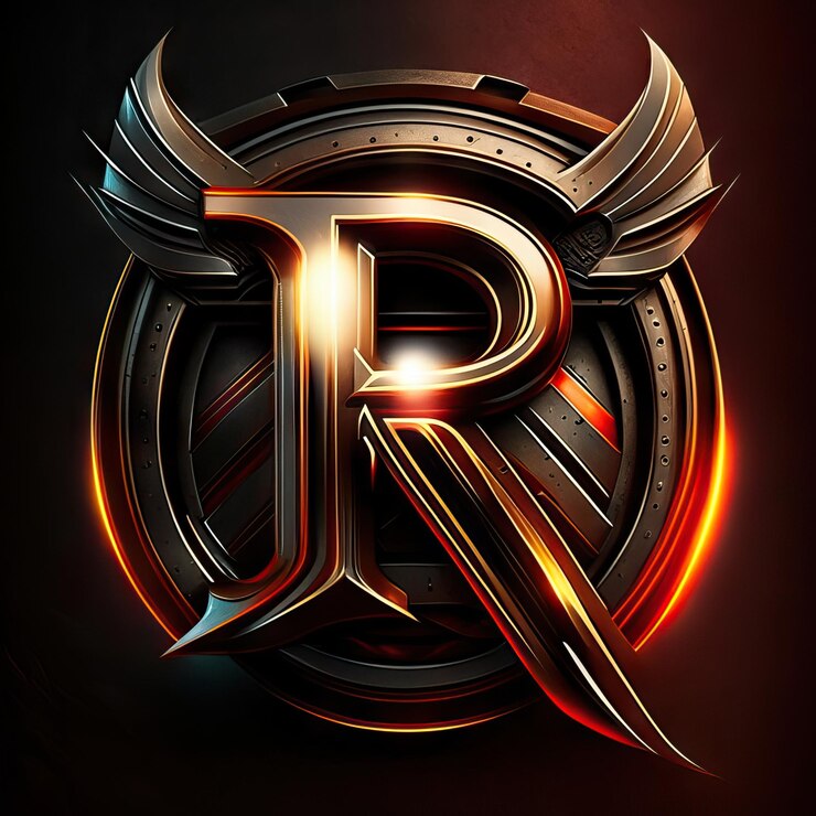 Foto logotipo de la letra r con detalles dorados y rojos.