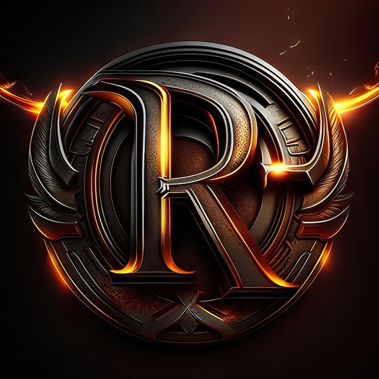 Foto logotipo de la letra r con detalles dorados y rojos.
