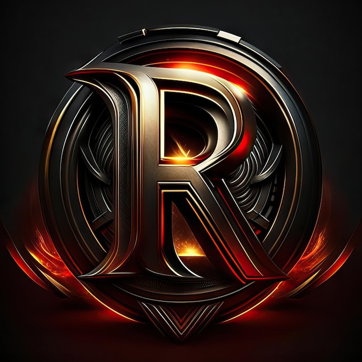 Foto logotipo de la letra r con detalles dorados y rojos.