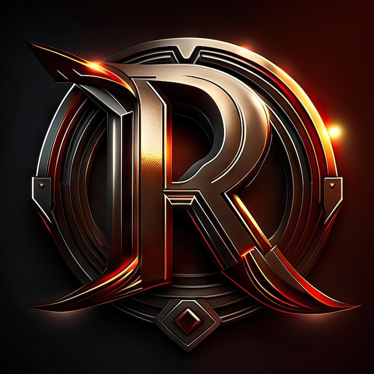 Foto logotipo de la letra r con detalles dorados y rojos.