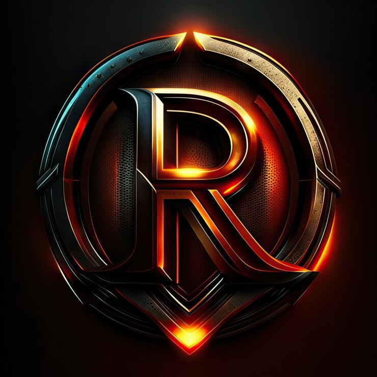 Foto logotipo de la letra r con detalles dorados y rojos.