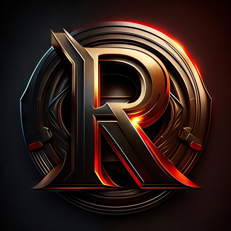 Foto logotipo de la letra r con detalles dorados y rojos.