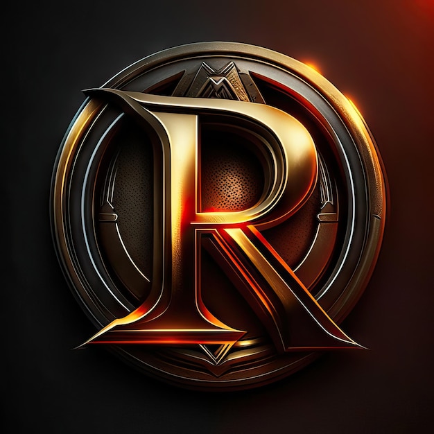 Foto logotipo de la letra r con detalles dorados y rojos.
