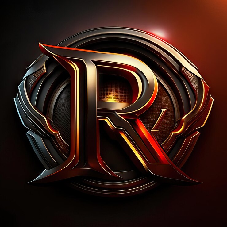 Foto logotipo de la letra r con detalles dorados y rojos.