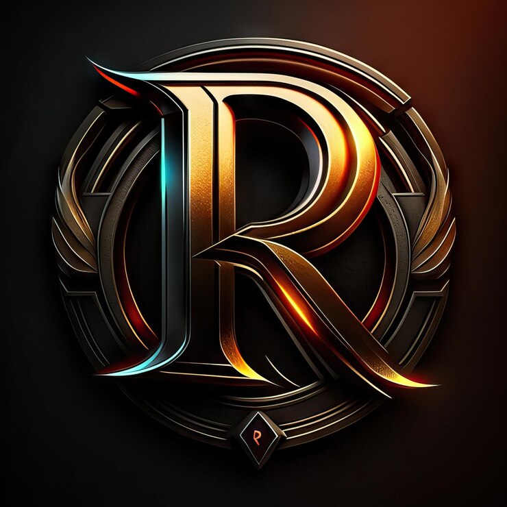 Foto logotipo de la letra r con detalles dorados y rojos.