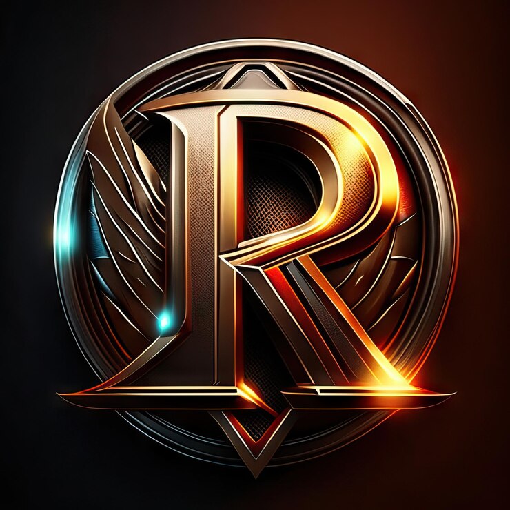 Foto logotipo de la letra r con detalles dorados y rojos.