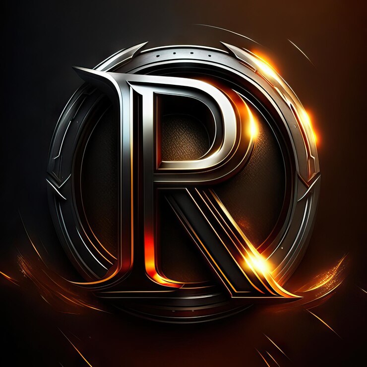 Foto logotipo de la letra r con detalles dorados y rojos.