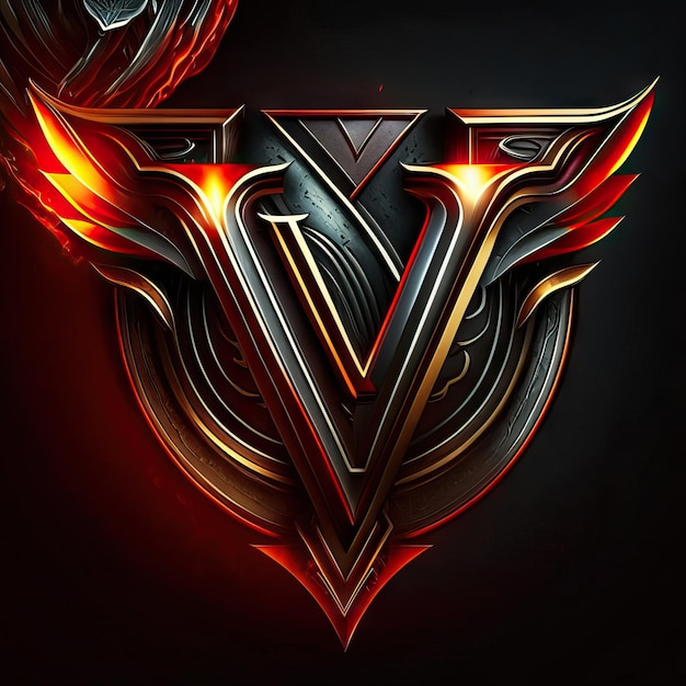 Foto logotipo de la letra v con detalles dorados y rojos.