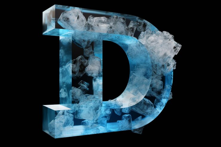 Foto logotipo de letras hecho de hielo transparente y cristales blancos y azules.