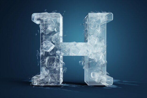 Foto logotipo de letras hecho de hielo transparente y cristales blancos y azules.