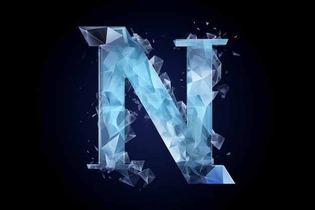 Logotipo de letras hecho de hielo transparente y cristales blancos y azules.