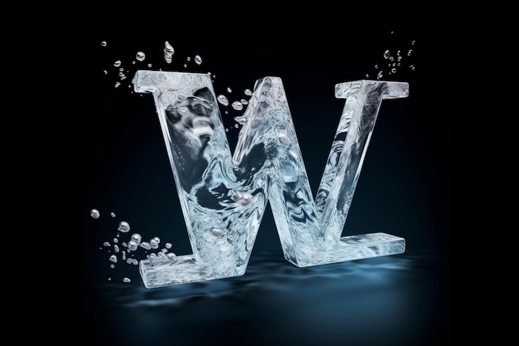 Foto logotipo de letras hecho de hielo transparente y cristales blancos y azules.
