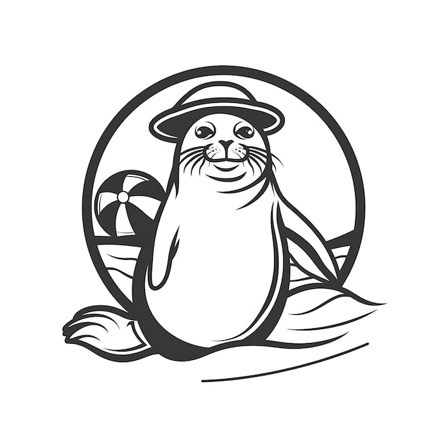 Logotipo de mascota de animal de foca lúdico con pelota de playa y sombrero de sol Diseño de tinta de tatuaje simple Arte de contorno