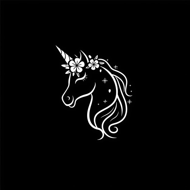 Foto el logotipo de la mascota del unicornio místico con una corona de flores y una chispa diseño de tinta de tatuaje sencillo arte de contorno