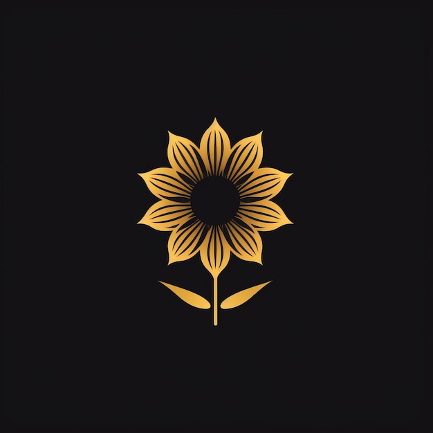 Logotipo minimalista de girasol dorado sobre fondo negro