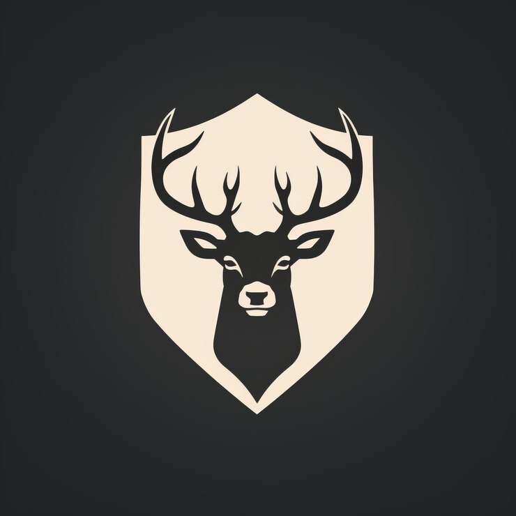 Foto logotipo minimalista de la marca venison con cabeza de ciervo y escudo