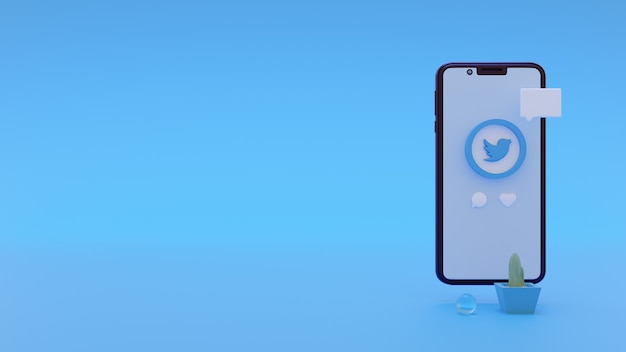 Logotipo moderno do twitter para anúncios de mídia social com modelo de renderização 3d para smartphone