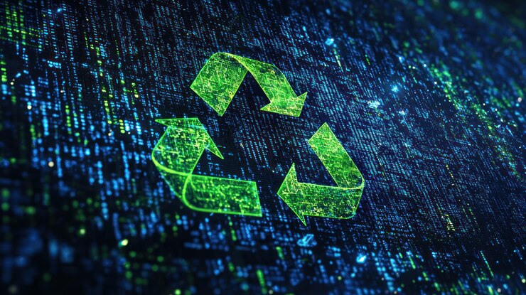 Foto logotipo moderno de reciclaje con flechas verdes y azules en una pantalla digital
