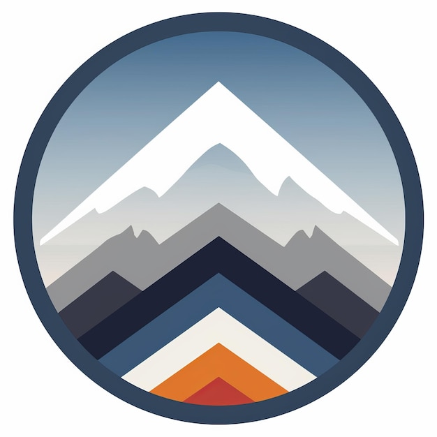 un logotipo de montaña con un fondo naranja, azul y blanco