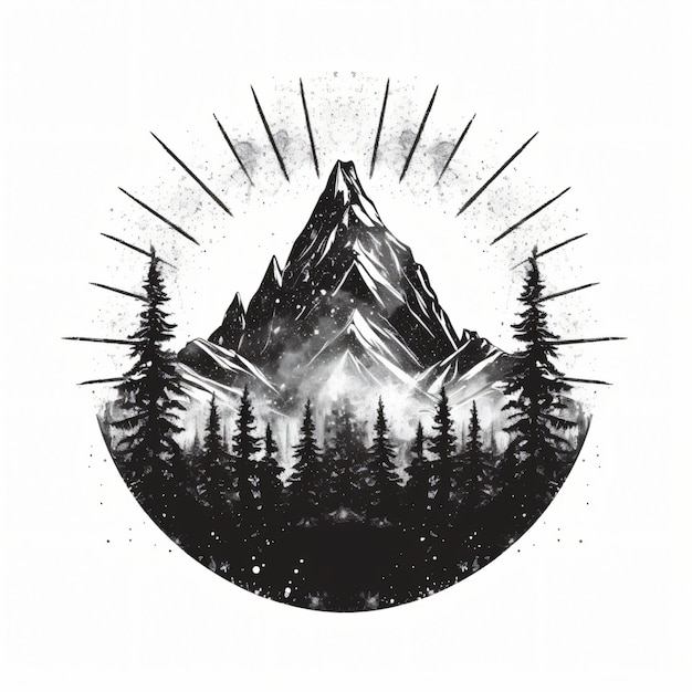 Foto logotipo de montaña, logotipo en blanco y negro, diseño de camiseta, dibujo de tatuaje de montañas con un lago en cascada