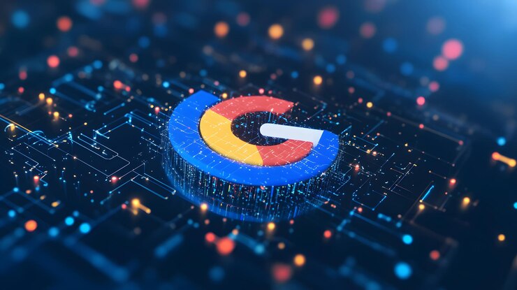Un logotipo de motor de búsqueda 3D rodeado de grupos de datos flotantes que simbolizan el centro central de las búsquedas digitales