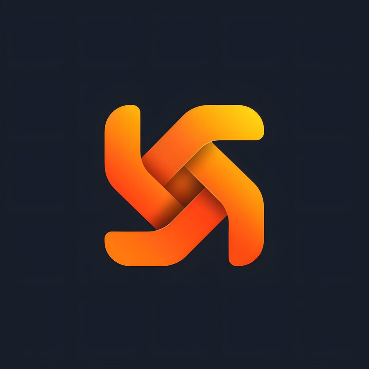 Foto logotipo naranja y amarillo vibrante con símbolo azul eléctrico en fondo oscuro