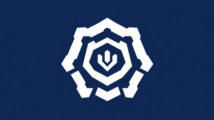 Foto el logotipo en negrita presenta formas entrelazadas y un emblema central sobre un telón de fondo azul vibrante