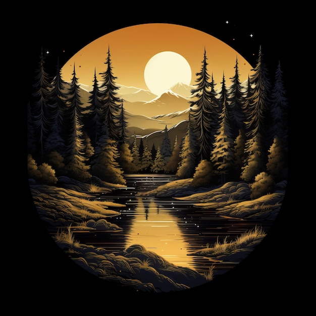 Logotipo De Paisaje Nocturno Con Pinos Y Reflexión Sobre Fondo Negro