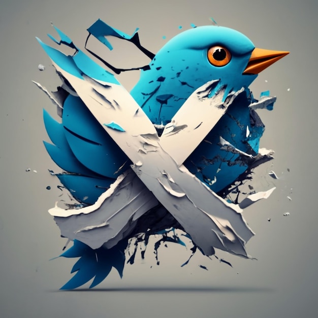 Logotipo del pájaro de Twitter destrozado por el logotipo X